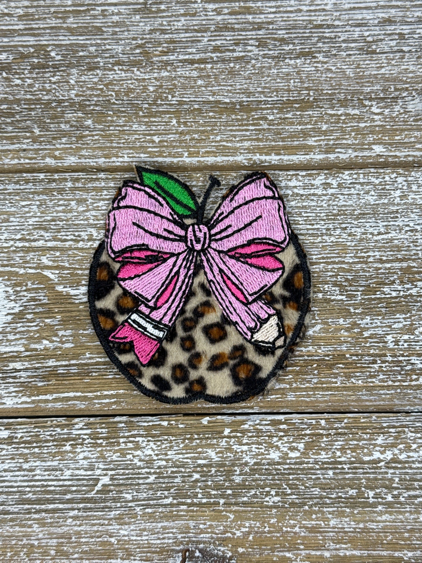 Fuzzy Leopard Apple W/ Pencil Bow
