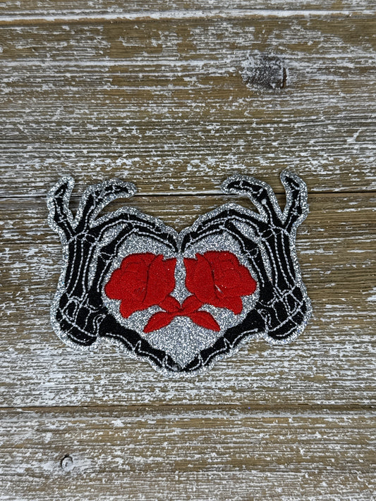 Silver Glitter Skeleton Heart Hands W/ Roses