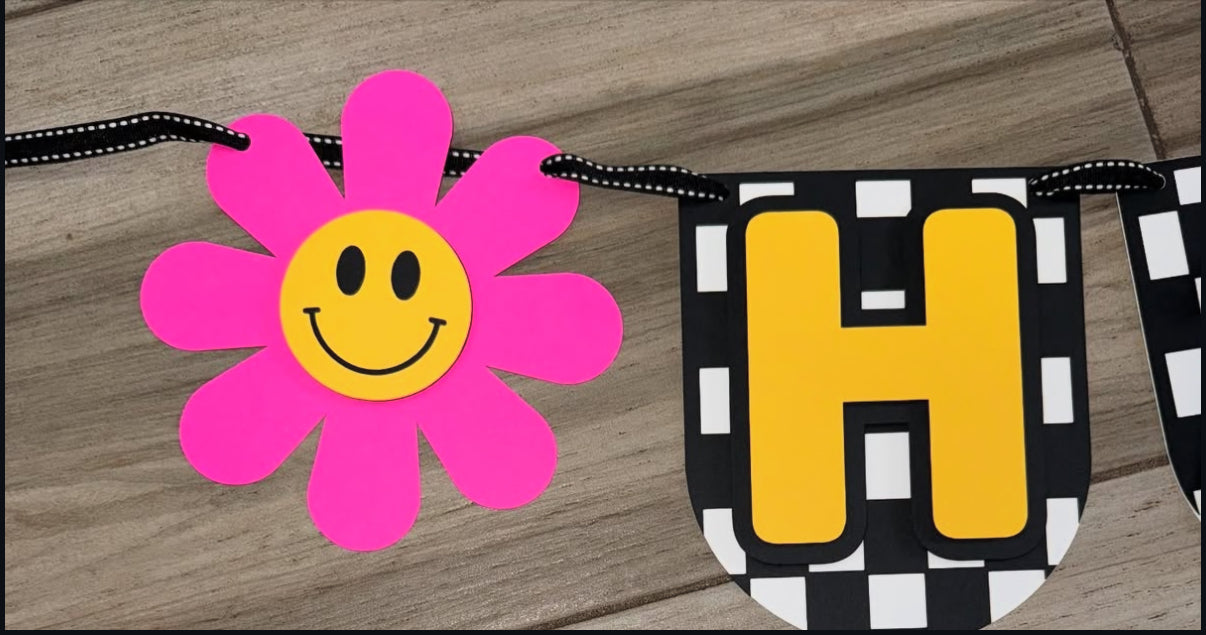 Checkered Smiley Face Happy Birthday Banner
