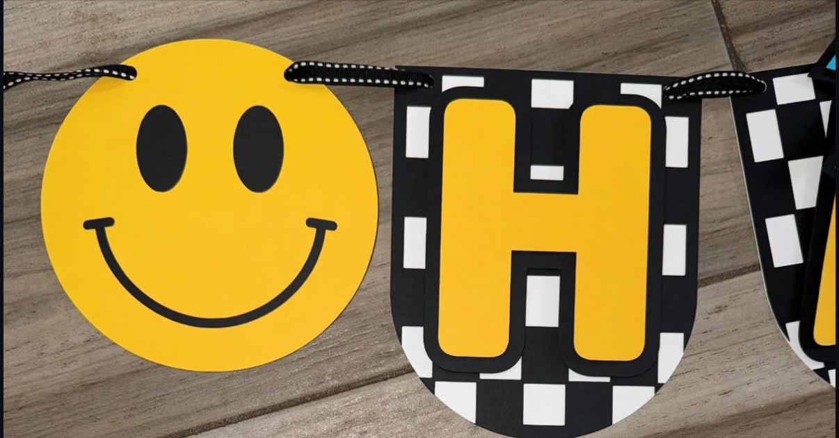 Checkered Smiley Face Happy Birthday Banner