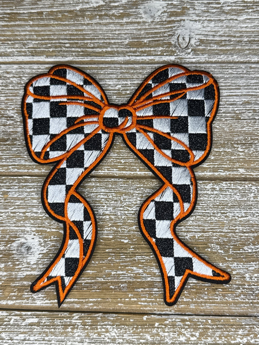 Large Glitter Checkered Bow Orange/Black
