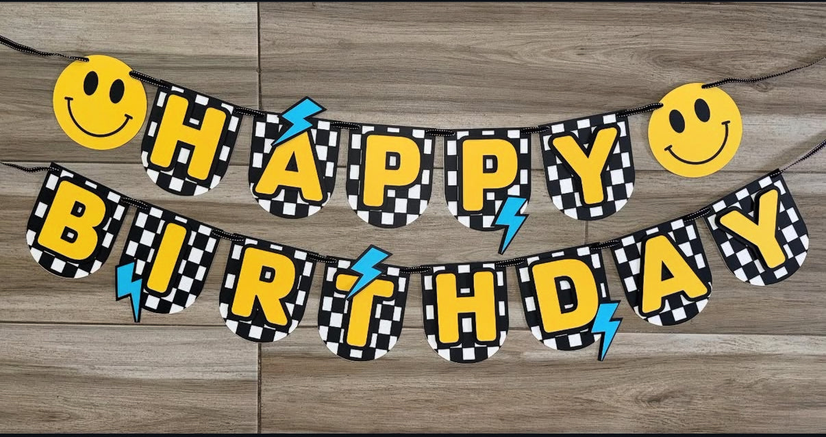 Checkered Smiley Face Happy Birthday Banner