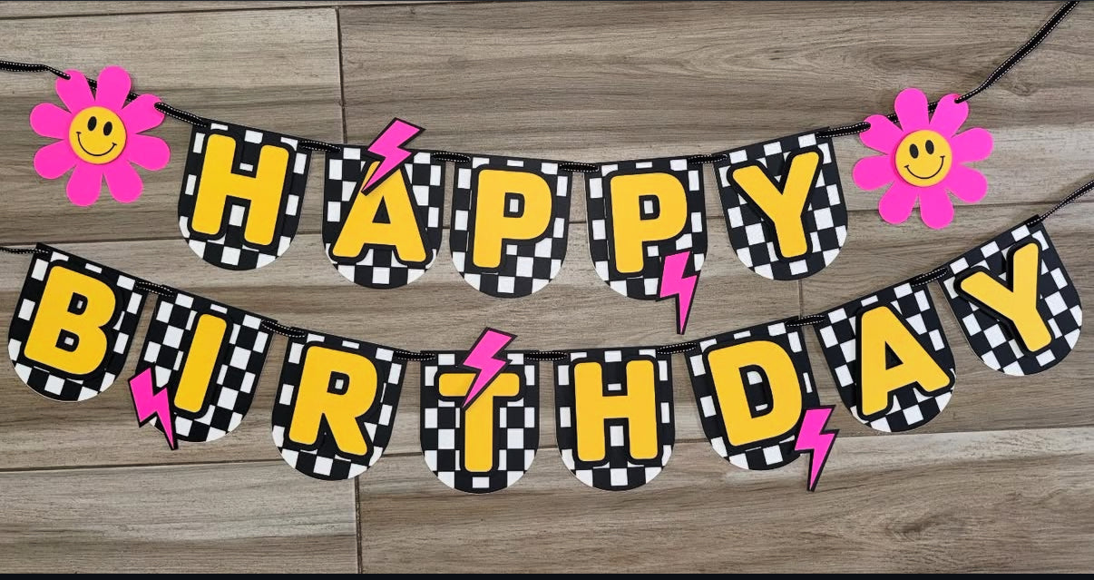 Checkered Smiley Face Happy Birthday Banner