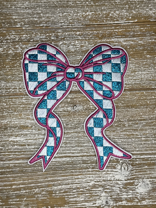 Large Glitter Checkered Pink/Blue Bow